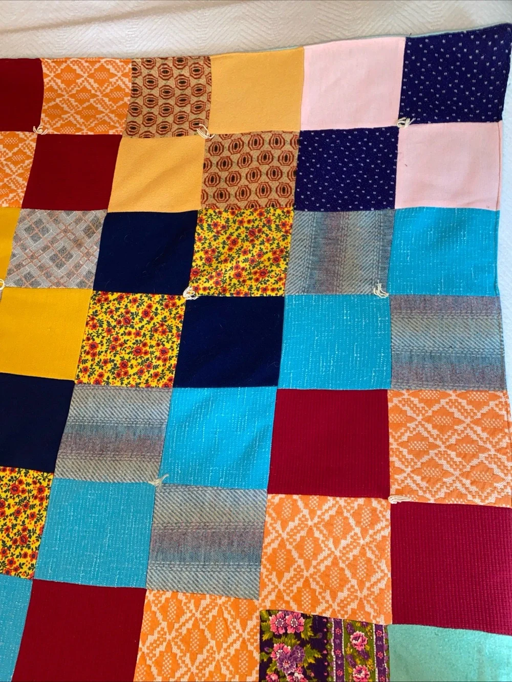 Vintage 1970s Colorful Polyester/Cotton Patchwork Quilt Hand Tied 64” X 56” -B7